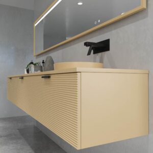 Mueble de baño HOLE suspendido 3 cajones acabado CREMA con encimera SOLID SURFACE lavabo semiencastrado Osiris