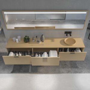 Mueble de baño HOLE suspendido 3 cajones acabado CREMA con encimera SOLID SURFACE lavabo semiencastrado Osiris