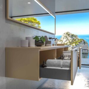 Mueble de baño HOLE suspendido 3 cajones acabado CREMA con encimera SOLID SURFACE lavabo semiencastrado Osiris