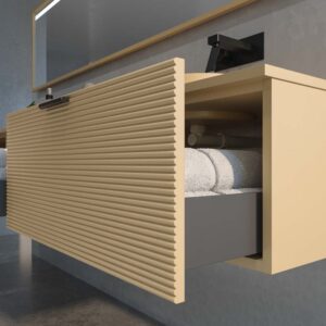 Mueble de baño HOLE suspendido 3 cajones acabado CREMA con encimera SOLID SURFACE lavabo semiencastrado Osiris