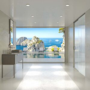 Mueble de baño HOLE con patas 2 cajones acabado GRIS CEMENTO con tapa y lavabo SOLID SURFACE Fogo