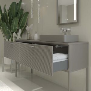 Mueble de baño HOLE con patas 2 cajones acabado GRIS CEMENTO con tapa y lavabo SOLID SURFACE Fogo