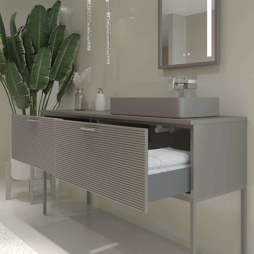 Mueble de baño HOLE con patas 2 cajones acabado GRIS CEMENTO con tapa y lavabo SOLID SURFACE Fogo - Imagen 6