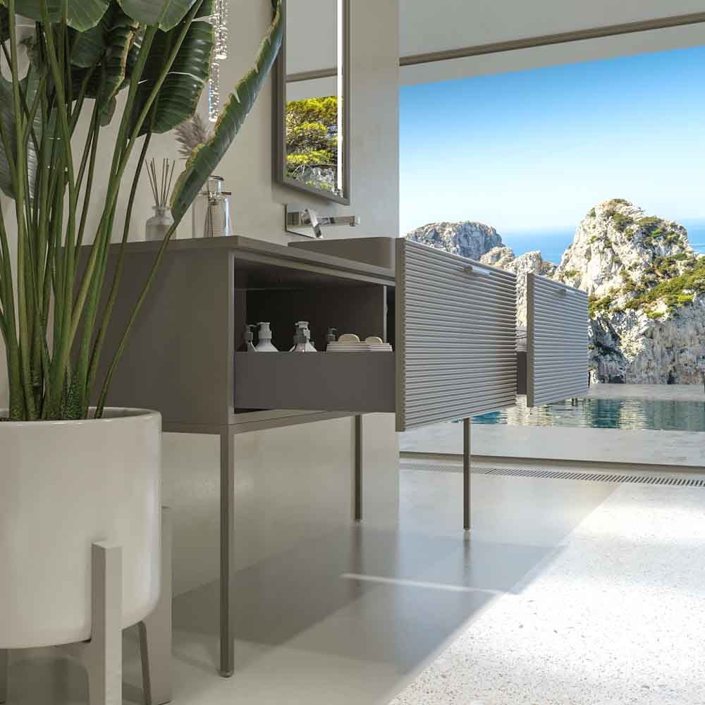Mueble de baño HOLE con patas 2 cajones acabado GRIS CEMENTO con tapa y lavabo SOLID SURFACE Fogo - Imagen 5