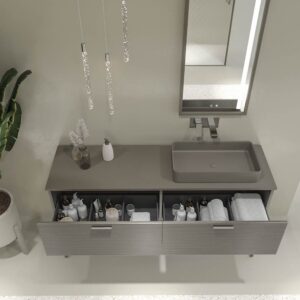 Mueble de baño HOLE con patas 2 cajones acabado GRIS CEMENTO con tapa y lavabo SOLID SURFACE Fogo