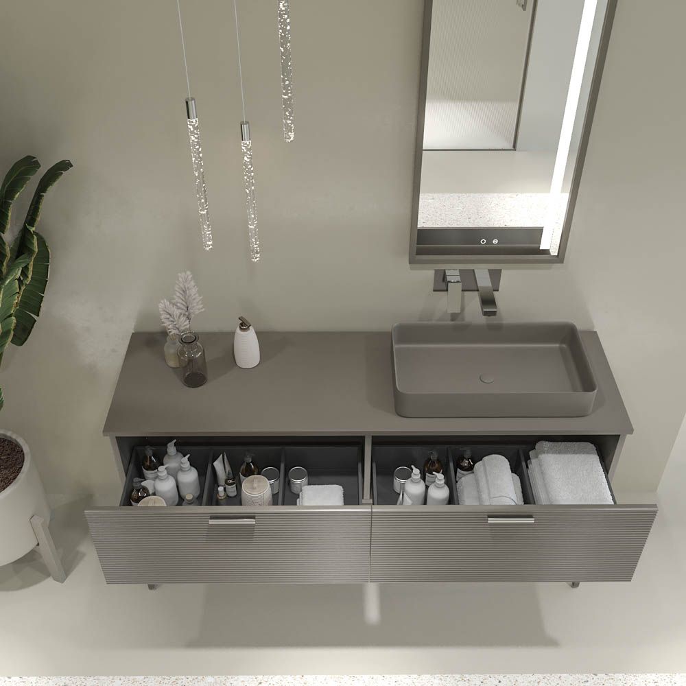 Mueble de baño HOLE con patas 2 cajones acabado GRIS CEMENTO con tapa y lavabo SOLID SURFACE Fogo - Imagen 4