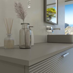 Mueble de baño HOLE con patas 2 cajones acabado GRIS CEMENTO con tapa y lavabo SOLID SURFACE Fogo