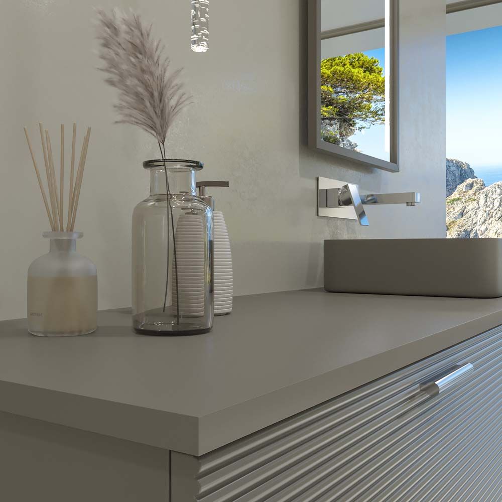 Mueble de baño HOLE con patas 2 cajones acabado GRIS CEMENTO con tapa y lavabo SOLID SURFACE Fogo - Imagen 3