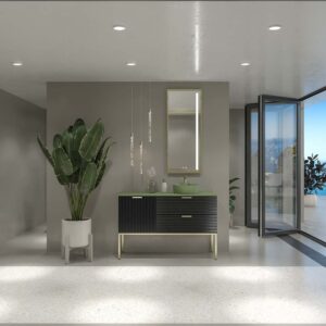 Mueble de baño HOLE con patas 2 cajones/1puerta acabado NEGRO con tapa y lavabo Osiris Solid Surface VERDE RESEDA