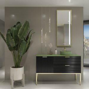 Mueble de baño HOLE con patas 2 cajones/1puerta acabado NEGRO con tapa y lavabo Osiris Solid Surface VERDE RESEDA