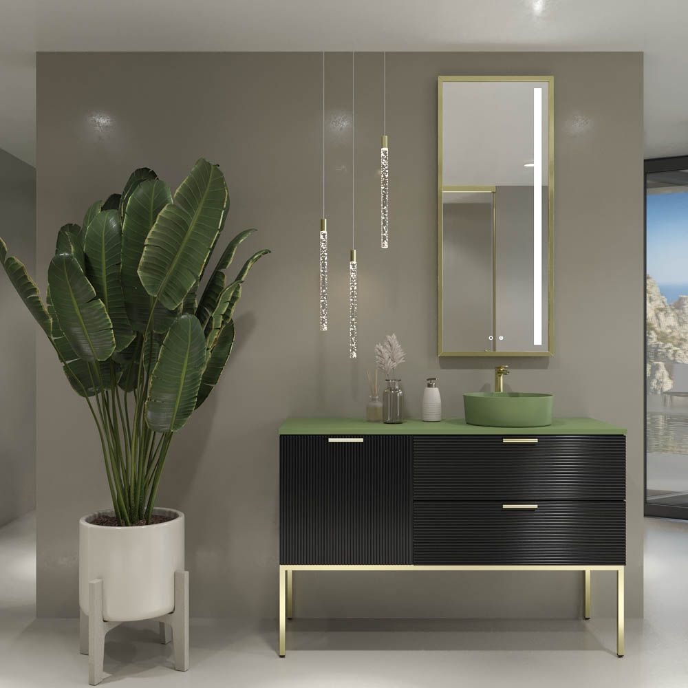 Mueble de baño HOLE con patas 2 cajones/1puerta acabado NEGRO con tapa y lavabo Osiris Solid Surface VERDE RESEDA