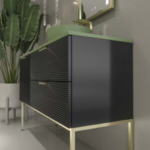 Mueble de baño HOLE con patas 2 cajones/1puerta acabado NEGRO con tapa y lavabo Osiris Solid Surface VERDE RESEDA