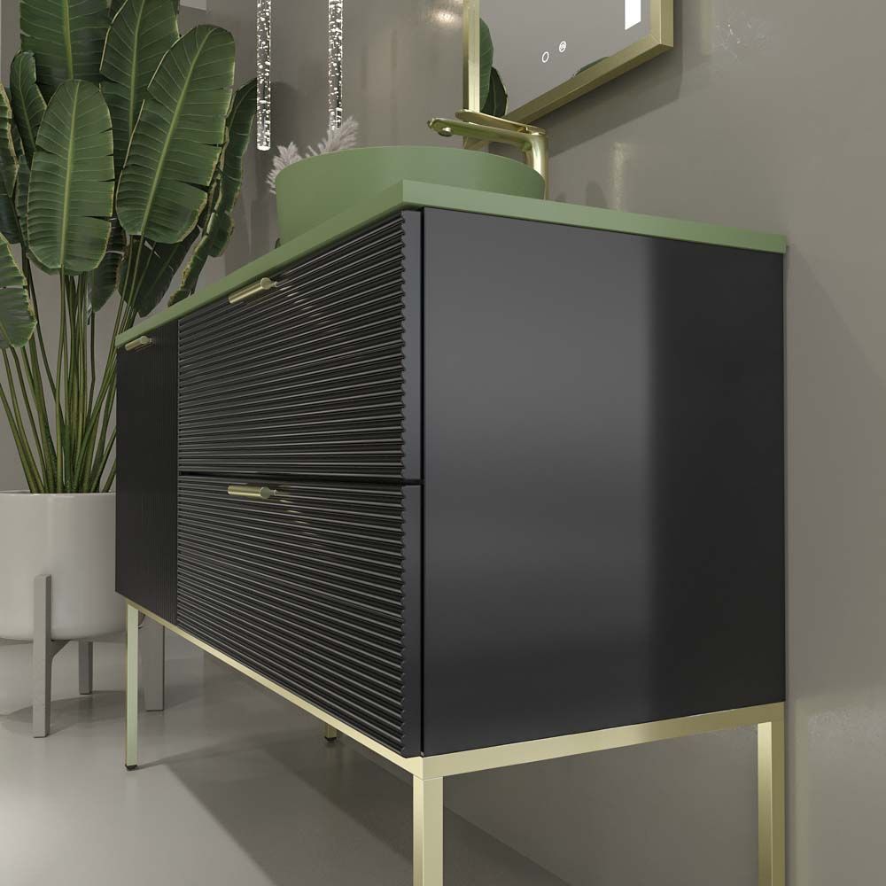 Mueble de baño HOLE con patas 2 cajones/1puerta acabado NEGRO con tapa y lavabo Osiris Solid Surface VERDE RESEDA - Imagen 6