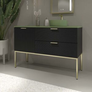 Mueble de baño HOLE con patas 2 cajones/1puerta acabado NEGRO con tapa y lavabo Osiris Solid Surface VERDE RESEDA