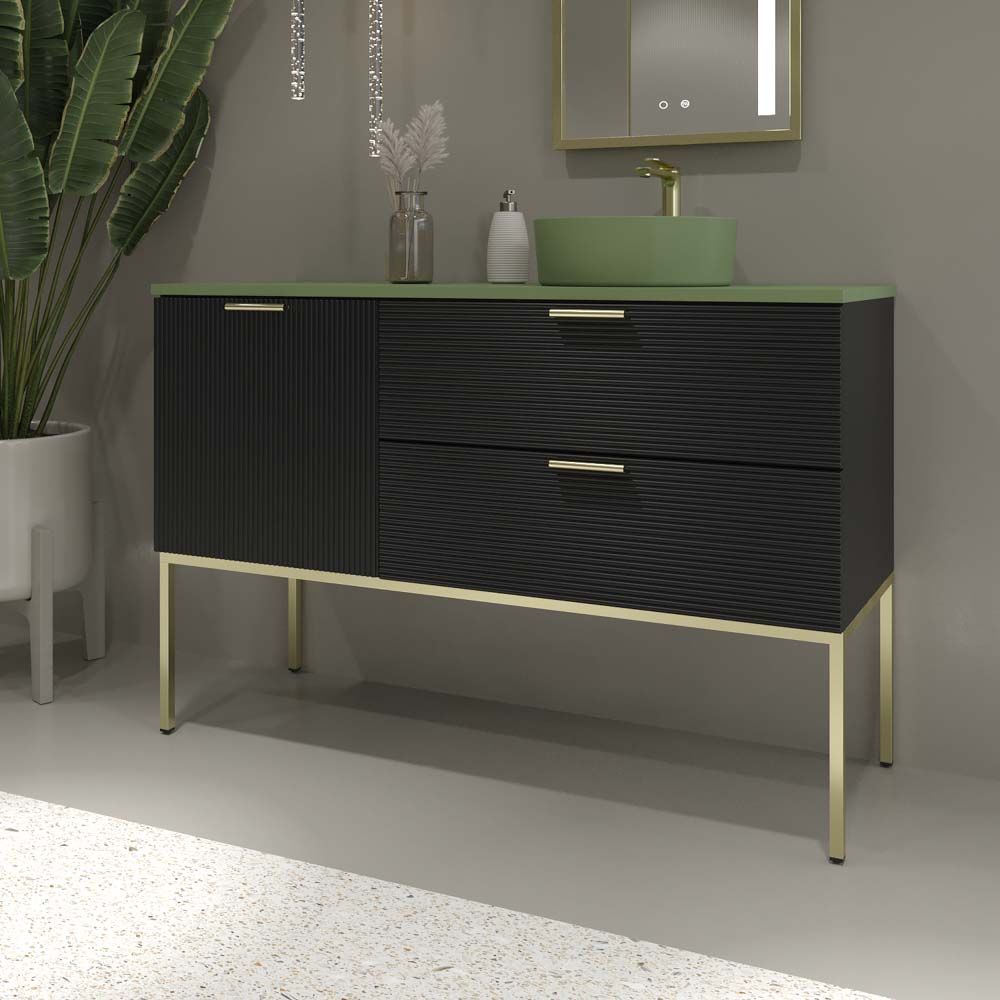 Mueble de baño HOLE con patas 2 cajones/1puerta acabado NEGRO con tapa y lavabo Osiris Solid Surface VERDE RESEDA - Imagen 5