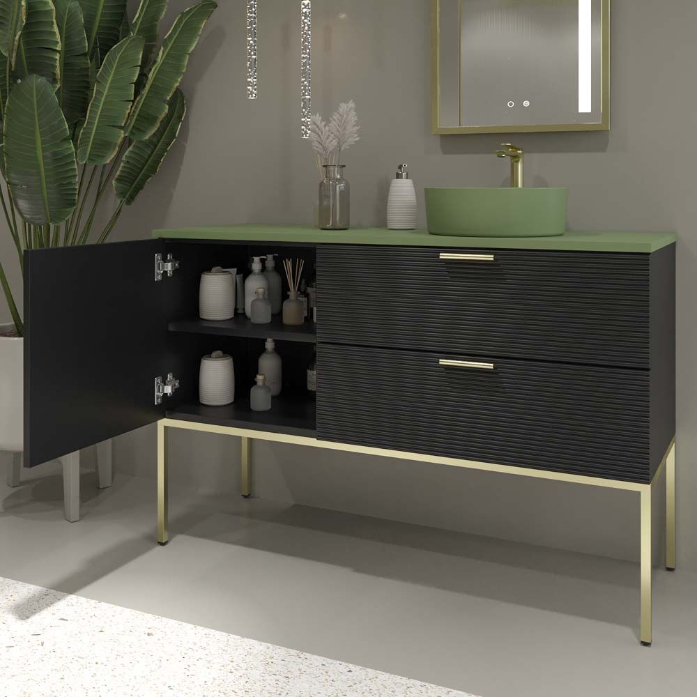 Mueble de baño HOLE con patas 2 cajones/1puerta acabado NEGRO con tapa y lavabo Osiris Solid Surface VERDE RESEDA - Imagen 4