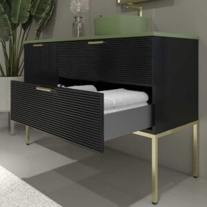 Mueble de baño HOLE con patas 2 cajones/1puerta acabado NEGRO con tapa y lavabo Osiris Solid Surface VERDE RESEDA