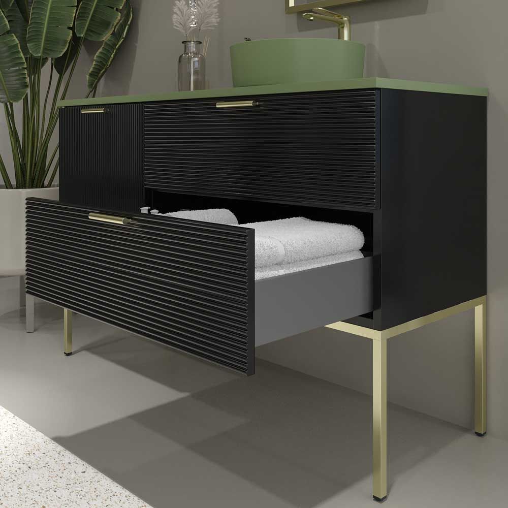 Mueble de baño HOLE con patas 2 cajones/1puerta acabado NEGRO con tapa y lavabo Osiris Solid Surface VERDE RESEDA - Imagen 3