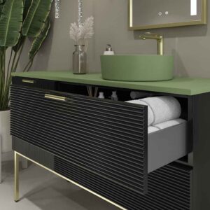 Mueble de baño HOLE con patas 2 cajones/1puerta acabado NEGRO con tapa y lavabo Osiris Solid Surface VERDE RESEDA