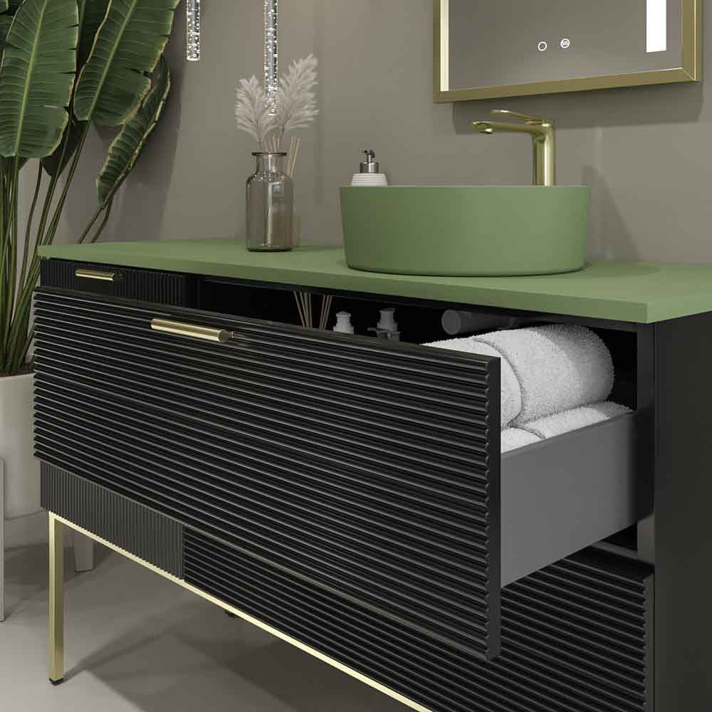 Mueble de baño HOLE con patas 2 cajones/1puerta acabado NEGRO con tapa y lavabo Osiris Solid Surface VERDE RESEDA - Imagen 2