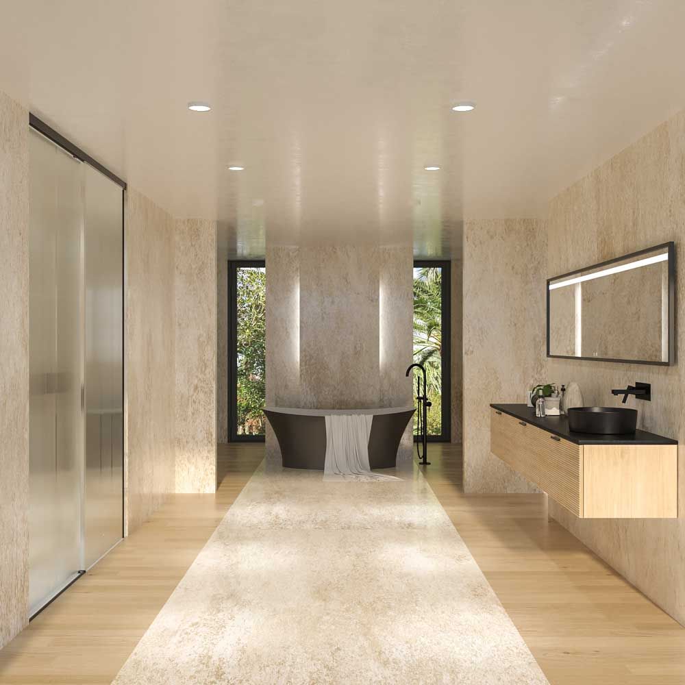Mueble de baño HOLE suspendido 3 cajones acabado ROBLE FRANCES con encimera SOLID SURFACE lavabo Osiris NEGRO MATE - Imagen 7