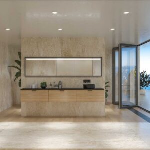 Mueble de baño HOLE suspendido 3 cajones acabado ROBLE FRANCES con encimera SOLID SURFACE lavabo Osiris NEGRO MATE
