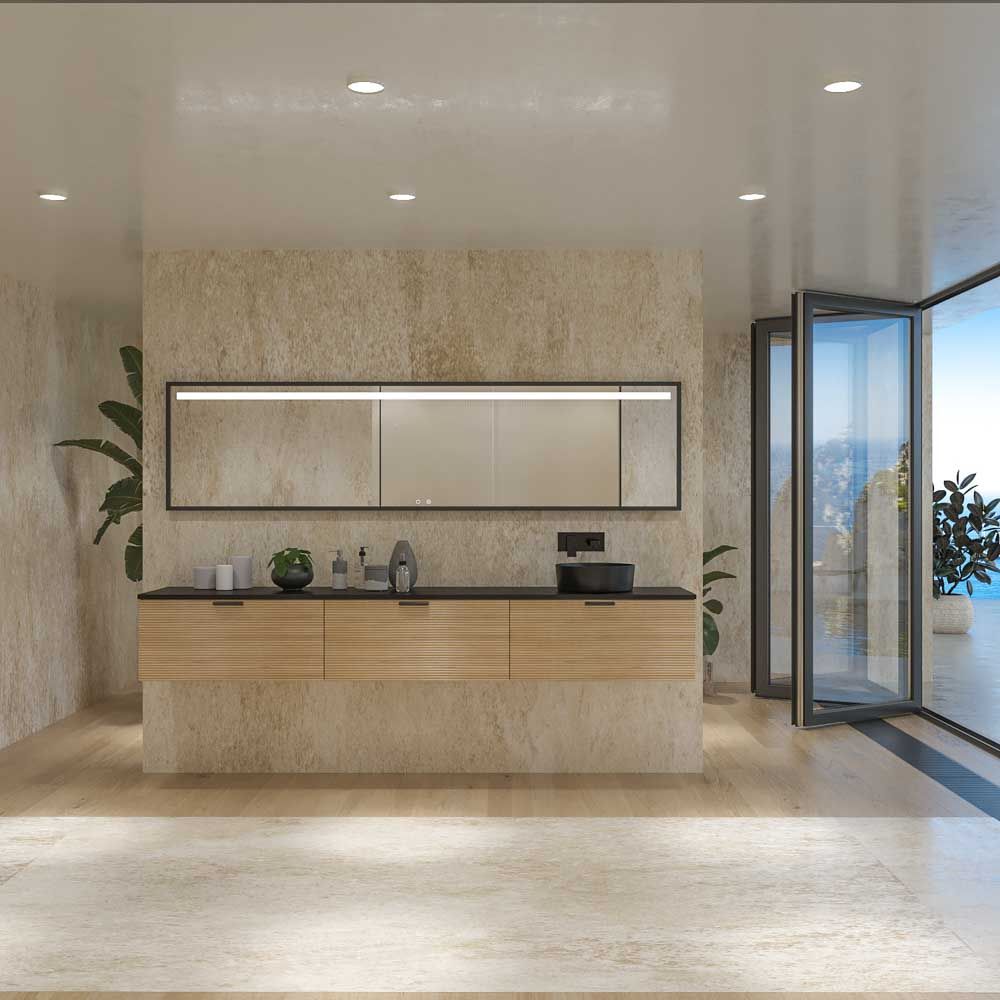 Mueble de baño HOLE suspendido 3 cajones acabado ROBLE FRANCES con encimera SOLID SURFACE lavabo Osiris NEGRO MATE - Imagen 6