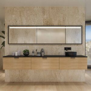 Mueble de baño HOLE suspendido 3 cajones acabado ROBLE FRANCES con encimera SOLID SURFACE lavabo Osiris NEGRO MATE