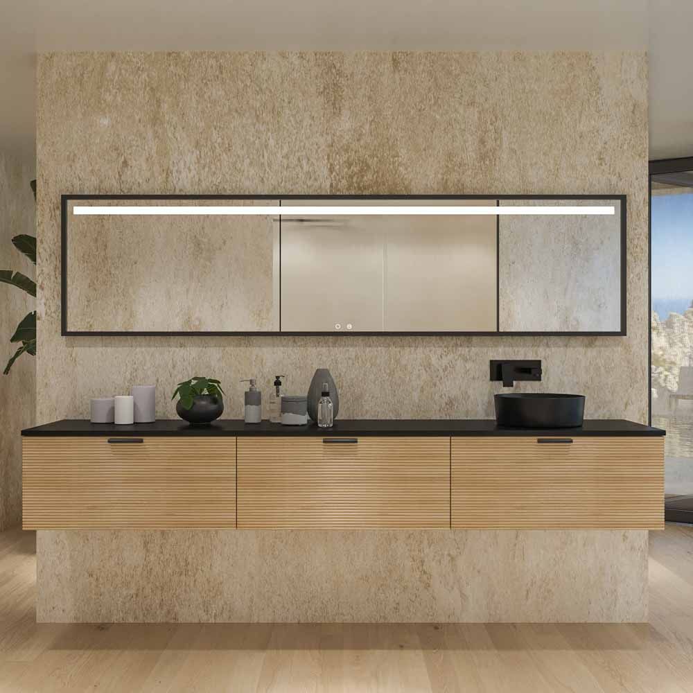 Mueble de baño HOLE suspendido 3 cajones acabado ROBLE FRANCES con encimera SOLID SURFACE lavabo Osiris NEGRO MATE