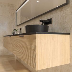 Mueble de baño HOLE suspendido 3 cajones acabado ROBLE FRANCES con encimera SOLID SURFACE lavabo Osiris NEGRO MATE