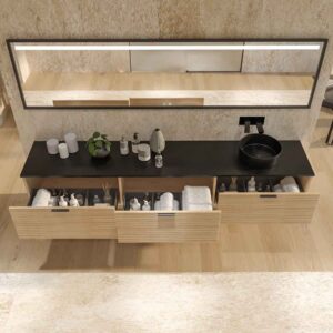 Mueble de baño HOLE suspendido 3 cajones acabado ROBLE FRANCES con encimera SOLID SURFACE lavabo Osiris NEGRO MATE