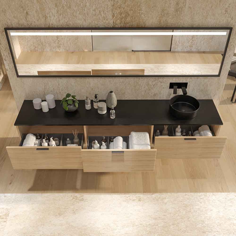 Mueble de baño HOLE suspendido 3 cajones acabado ROBLE FRANCES con encimera SOLID SURFACE lavabo Osiris NEGRO MATE - Imagen 4