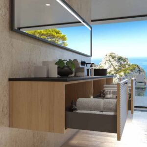 Mueble de baño HOLE suspendido 3 cajones acabado ROBLE FRANCES con encimera SOLID SURFACE lavabo Osiris NEGRO MATE