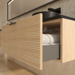 Mueble de baño HOLE suspendido 3 cajones acabado ROBLE FRANCES con encimera SOLID SURFACE lavabo Osiris NEGRO MATE