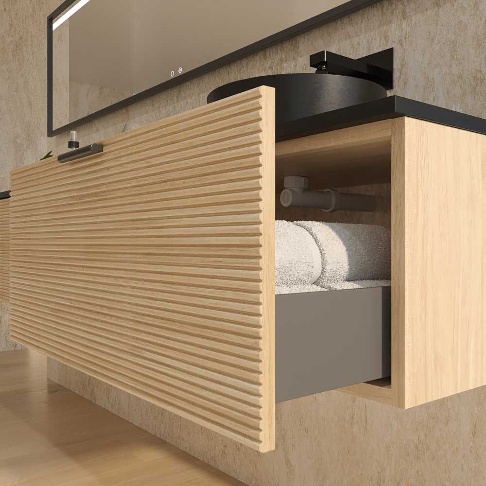 Mueble de baño HOLE suspendido 3 cajones acabado ROBLE FRANCES con encimera SOLID SURFACE lavabo Osiris NEGRO MATE - Imagen 2