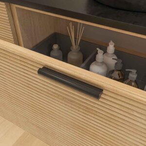 Mueble de baño HOLE suspendido 3 cajones acabado ROBLE FRANCES con encimera SOLID SURFACE lavabo Osiris NEGRO MATE