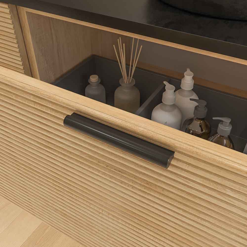 Mueble de baño HOLE suspendido 3 cajones acabado ROBLE FRANCES con encimera SOLID SURFACE lavabo Osiris NEGRO MATE - Imagen 9