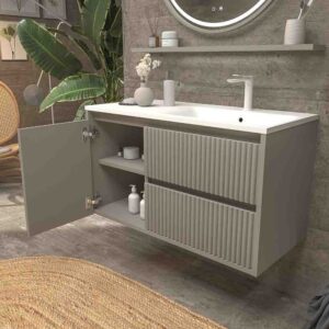 Mueble de baño suspendido 2 cajones / 1 puerta MILIA con lavabo Solid Surface  GRIS PIEDRA