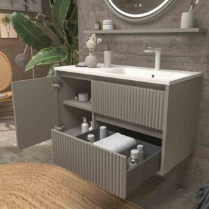 Mueble de baño suspendido 2 cajones / 1 puerta MILIA con lavabo Solid Surface  GRIS PIEDRA