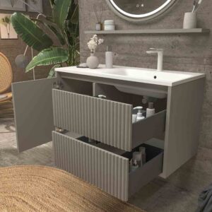 Mueble de baño suspendido 2 cajones / 1 puerta MILIA con lavabo Solid Surface  GRIS PIEDRA
