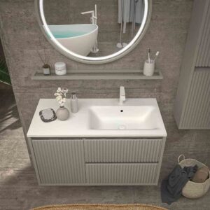 Mueble de baño suspendido 2 cajones / 1 puerta MILIA con lavabo Solid Surface  GRIS PIEDRA