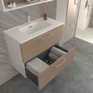 Mueble de baño suspendido NEXO 2 cajones fondo reducido 40 cm lacado mate con lavabo porcelana MOKA