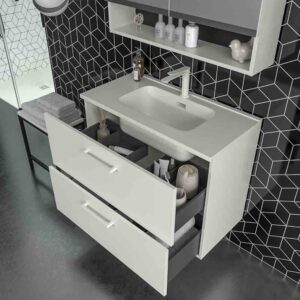 Mueble de baño suspendido NEXO 2 cajones fondo reducido 40 cm lacado mate con lavabo porcelana BLANCO