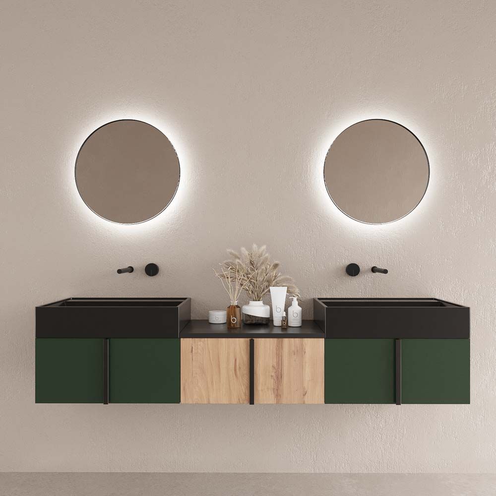 Mueble de baño NORMA suspendido 3 cajónes acabado VERDE OLIVO / ROBLE CLARO