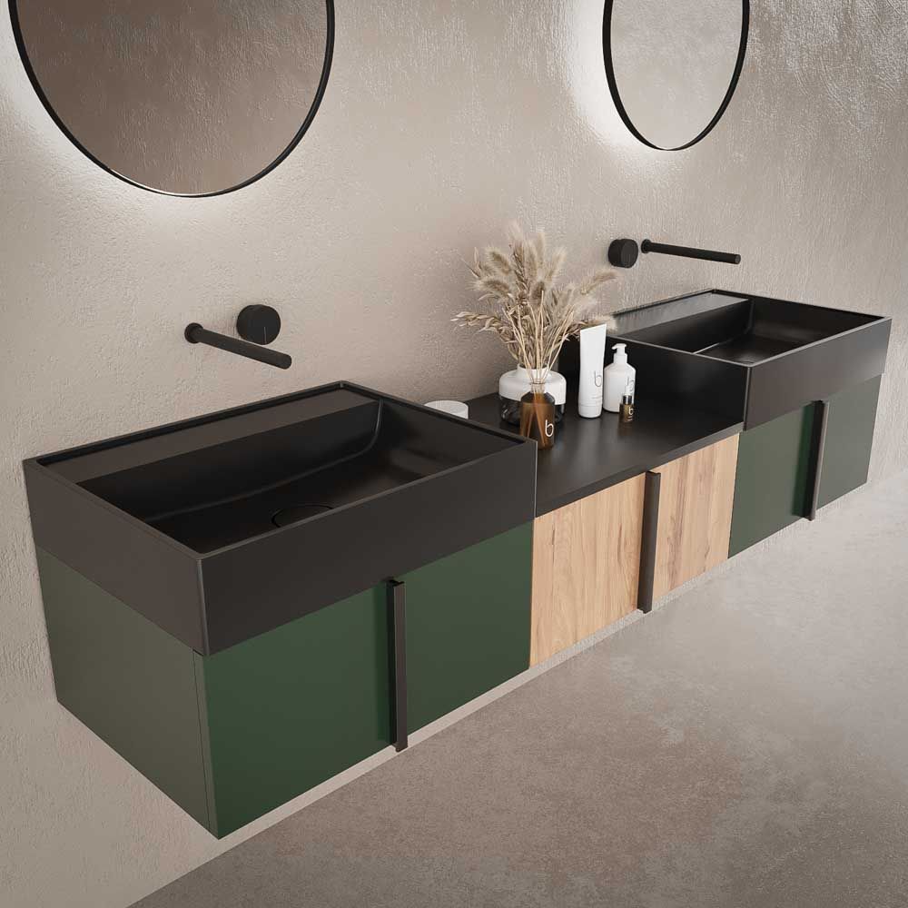 Mueble de baño NORMA suspendido 3 cajónes acabado VERDE OLIVO / ROBLE CLARO - Imagen 5