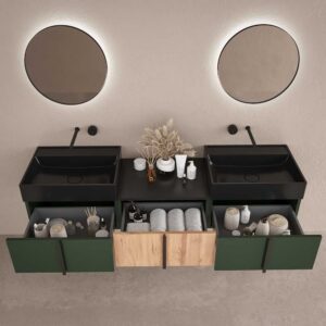 Mueble de baño NORMA suspendido 3 cajónes acabado  VERDE OLIVO / ROBLE CLARO