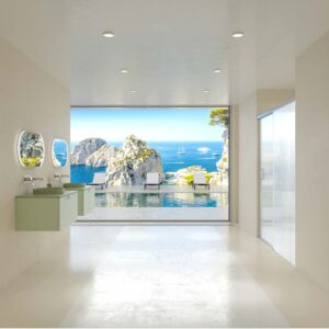 Mueble de baño HOLE suspendido 1 cajón acabado VERDE OPALO con encimera SOLID SURFACE lavabo semiencastrado VERDE PALIDO