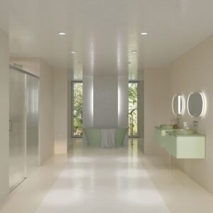 Mueble de baño HOLE suspendido 1 cajón acabado VERDE OPALO con encimera SOLID SURFACE lavabo semiencastrado VERDE PALIDO