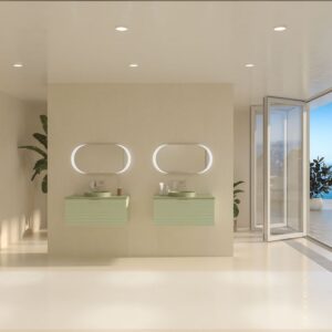 Mueble de baño HOLE suspendido 1 cajón acabado VERDE OPALO con encimera SOLID SURFACE lavabo semiencastrado VERDE PALIDO