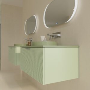 Mueble de baño HOLE suspendido 1 cajón acabado VERDE OPALO con encimera SOLID SURFACE lavabo semiencastrado VERDE PALIDO